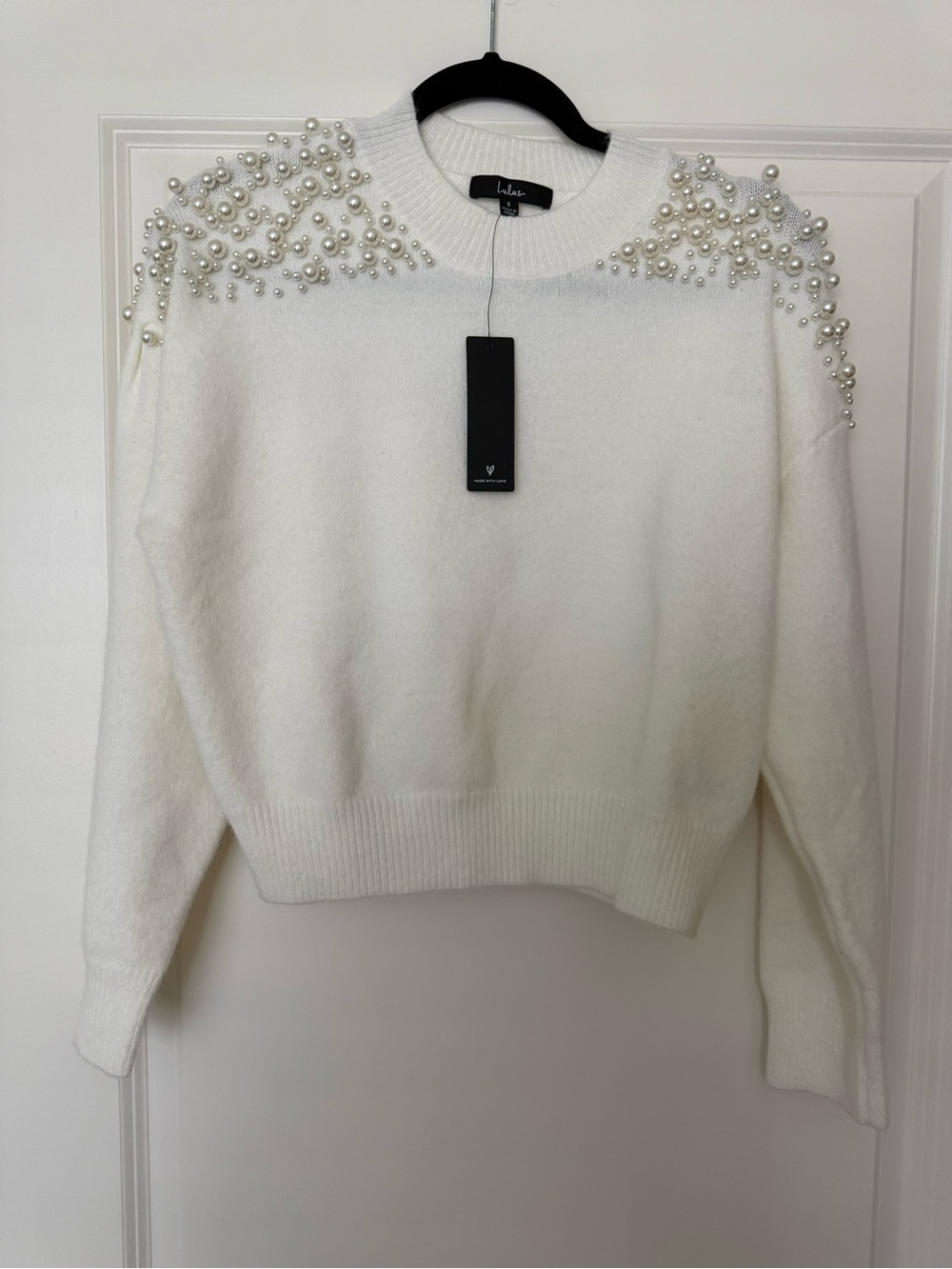 Lulu's White Pearl-Embellished Crewneck Sweater